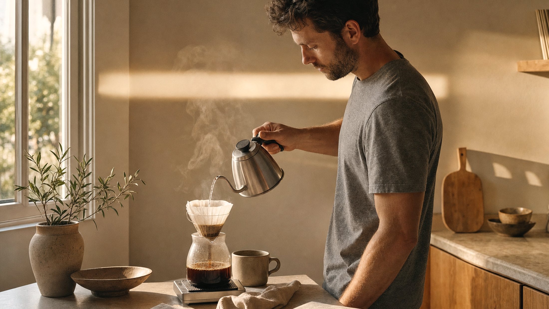Coffee being poured by hand at a kitchen counter in early morning light.